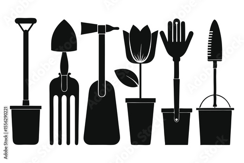 Black Silhouette Vector Six Gardening Tools Shovel Trowel Hand Rake Flower Pot Buckets