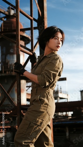 Person in a utility jumpsuit standing by industrial scaffolding under a clear sky