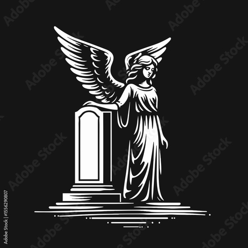 Winged angel standing beside a gravestone in monochromatic design  