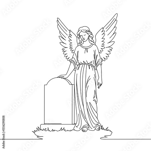 Angelic figure standing beside blank gravestone in line art style  