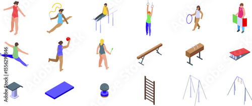Artistic gymnasts icons set. Professional gymnasts exercising with various equipment and accessories, showcasing different gymnastic disciplines