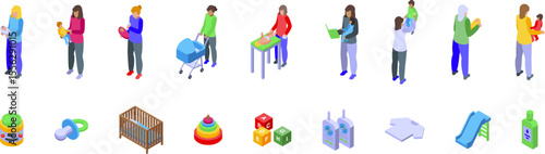 Nanny baby icons set. Parents engaging in various childcare activities, including feeding, playing, changing diapers, and using baby products like strollers, cribs, and toys