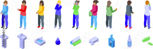 Kids washing hands icons set. People taking care of their hygiene, washing hands and face, using soap, towels, sanitizer, and other products