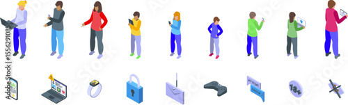 Parental control icons set. Isometric set of people using laptops, smartphones, tablets, and icons representing internet security, data protection, and age restriction