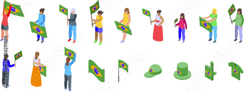 Woman holding brazilian flag icons set. Isometric brazilian patriots waving national flags, wearing themed t shirts, hats, and celebrating independence day or other national holiday