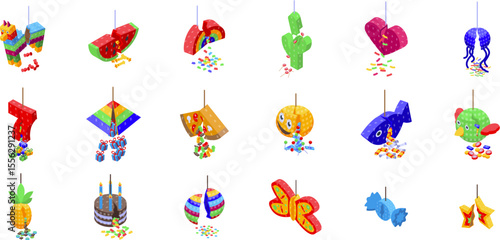 Broken pinata icons set. Hanging pinatas in various shapes spilling out candy and gifts, adding a touch of fun and excitement to any party