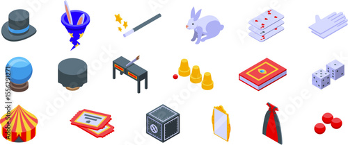 Illusionist equipment icons set. Magic show equipment including wand, hat, rabbit, cards, and more create a captivating illusion