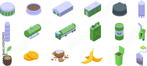 Biogas plant icons set. Biofuel production offers sustainable energy solutions, reducing reliance on fossil fuels and promoting environmental conservation