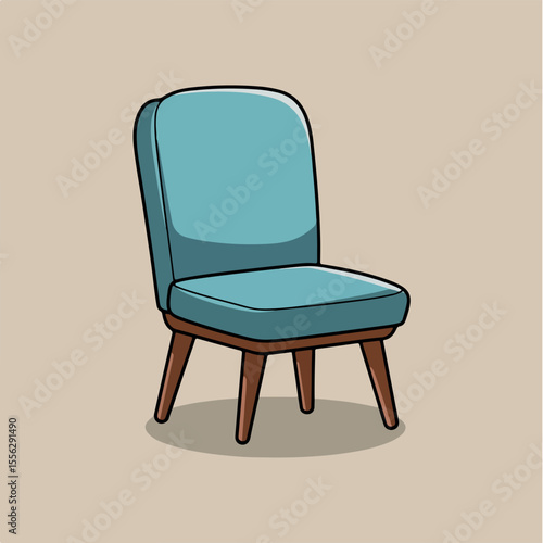 Create a flat-style vector illustration of a cushioned dining chair in a cartoon style. Use a wooden frame with a soft blue cushion for contrast."

