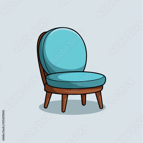 Create a flat-style vector illustration of a cushioned dining chair in a cartoon style. Use a wooden frame with a soft blue cushion for contrast."
