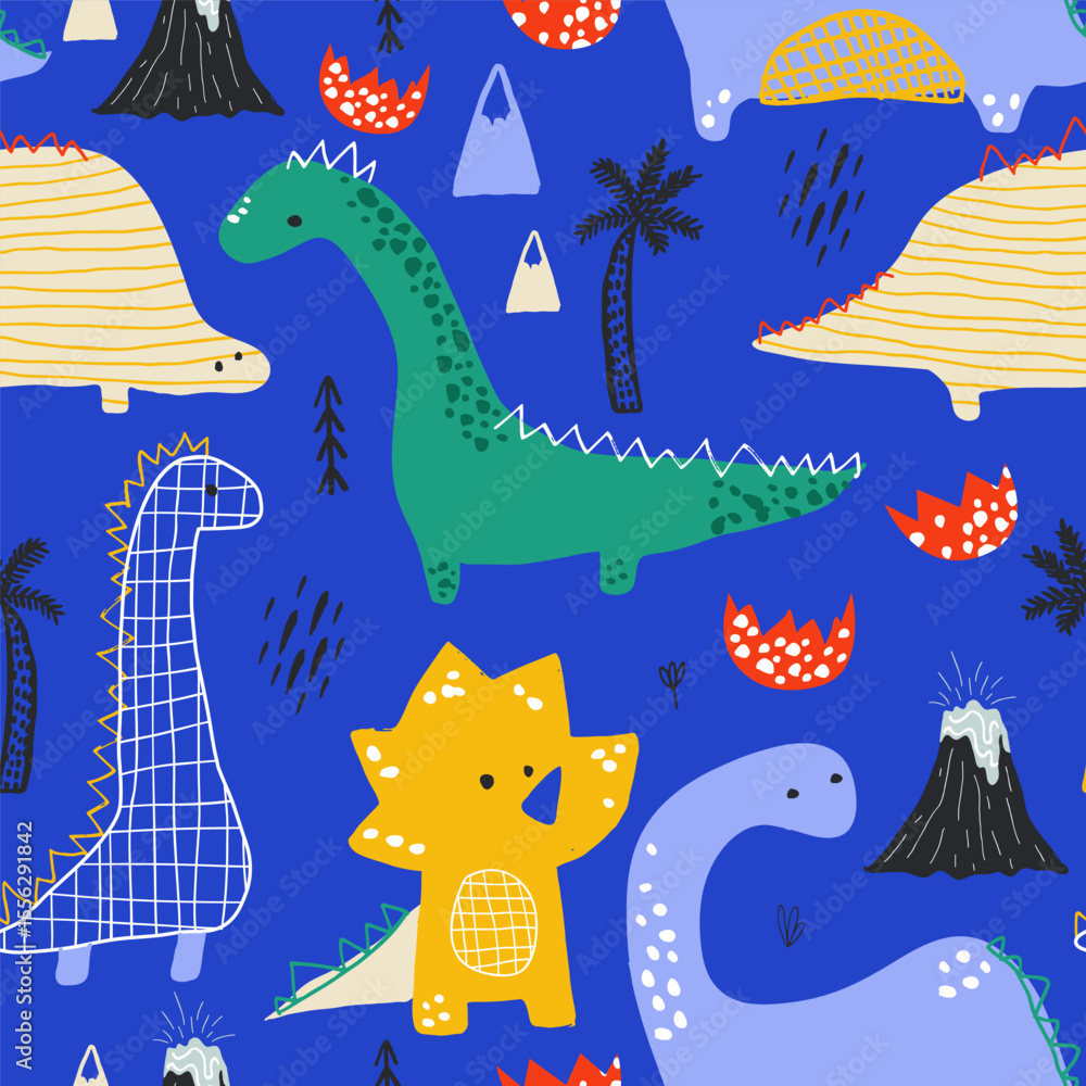 Obraz premium Childish seamless pattern with hand drawn Dino in Scandinavian style. Creative bright vector childish background for fabric, textile