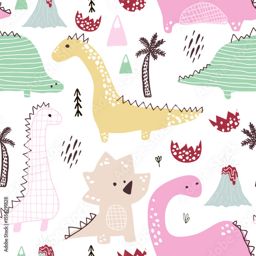 Childish seamless pattern with hand drawn Dino in Scandinavian style. Creative pastel vector childish background for fabric, textile