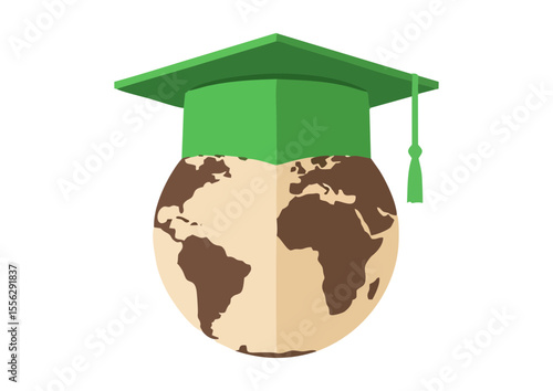 Globe with green graduation cap symbolizing ecological education and global awareness