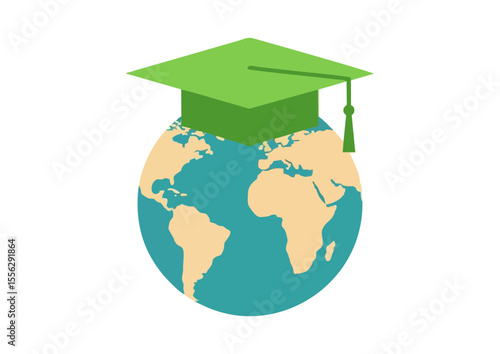 Stylized globe with green graduation cap representing ecological education and awareness