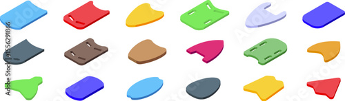 Swimming board icons set. Collection of various shapes and colors of floating kickboards, ideal for swimming training and recreational water activities