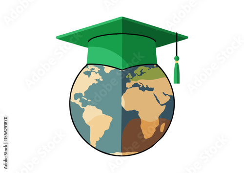 Globe with green graduation cap symbolizing ecological education and environmental awareness