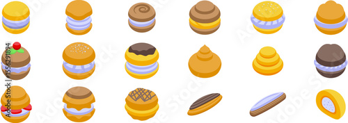 Cream puff icons set. Colorful isometric set of cream puffs, macarons, and eclairs showcasing french pastry