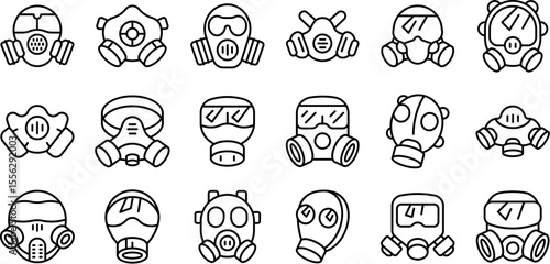 Rubber hazard gas mask icons set. Collection of respirator icons representing filtering respirators and self contained breathing apparatus, providing protection from hazardous environments