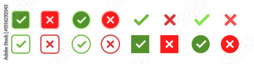 Check Mark and Checkbox Icon Button Set – Green Tick and Red Cross Vector Illustration.