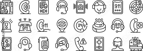 Emergency call center icons set. Emergency service icons represent urgent assistance, medical aid, and helpline support