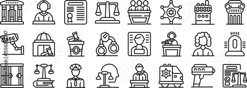 Courtroom security icons set. Maintaining order, ensuring justice, and protecting communities through law enforcement, legal proceedings, and courthouse activities