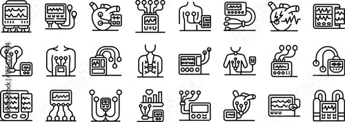 Holter monitor icons set. Icons depicting various aspects of cardiology, including heart monitoring, diagnostics, and patient care