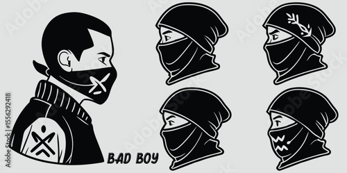 Man faces wearing masks beanies on a gray background headwear