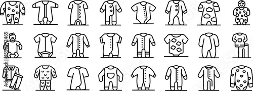 Sleepwear toddlers icons set. Baby rompers and sleepsuits in various designs, showcasing different patterns, sleeve lengths, and features for newborns and infants