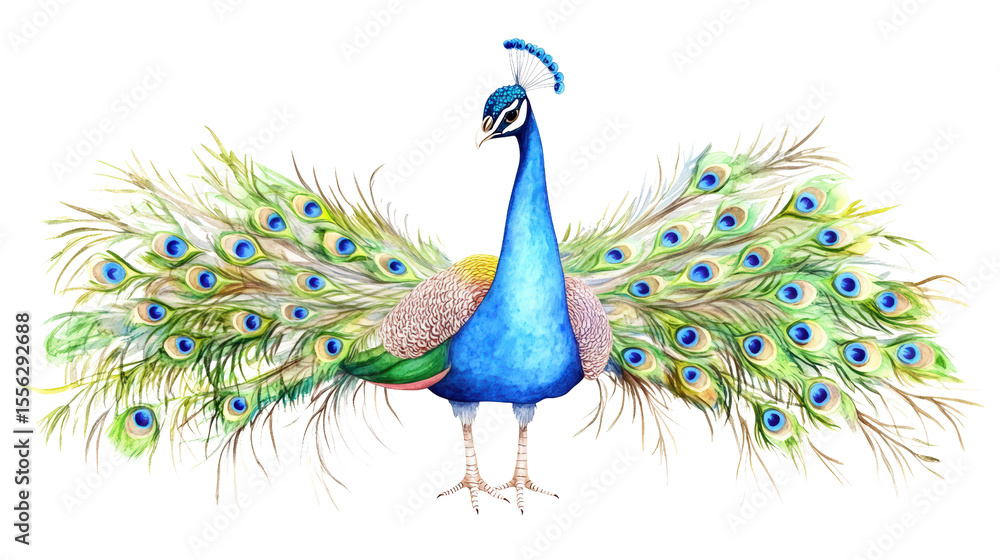 Obraz premium Elegant colorful peacock with sprawling tail feathers displaying eye pattern and vibrant plumage in natural setting