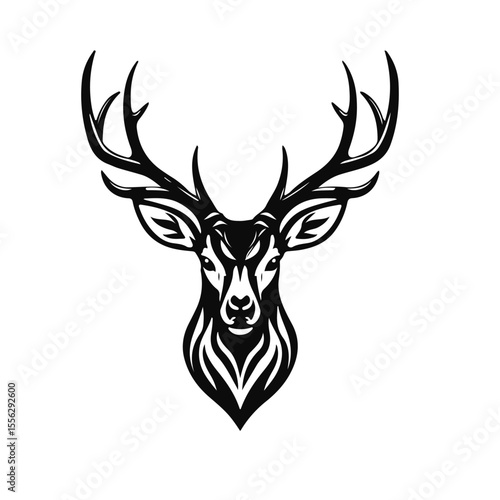 Deer head silhouette with antlers in black and white line art, bold animal profile with strong forest vibe, deer head, deer silhouette, antler art, forest animal, wildlife illustration