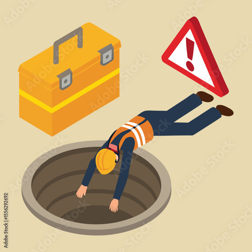 Workplace hazard scene with an unconscious worker outside a confined space, used to illustrate the consequences of ignoring safety procedures.