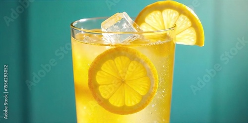 Refreshing Bitter Lemon Soda Close-up of Icy Cold Drink with Citrus Slices, Condensation, and Clinking Ice Cubes on a Hot Summer Day