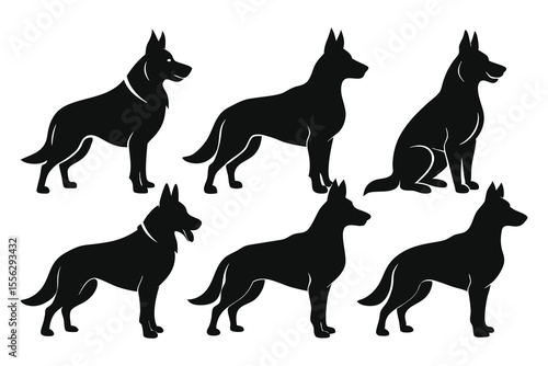 Six Black German Shepherd Dog Silhouettes Various Poses 2