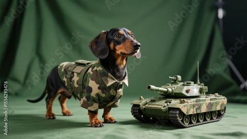 Dachshund in camouflage outfit standing next to a toy tank against a green backdrop
