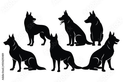 Six Black German Shepherd Dog Silhouettes Various Poses