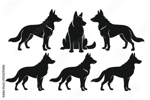 Six German Shepherd Dog Silhouettes Black White Collection