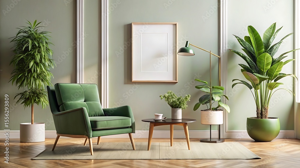 Fototapeta premium Minimalist composition of living room interior with design green armchair, mok up poster frame, plant and decorations. Home decor
