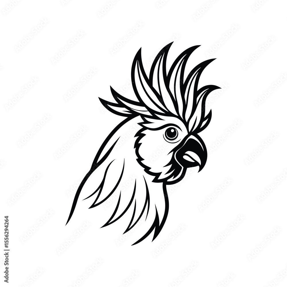 Line art illustration of a cockatoo head with swept-back crest feathers.eps Line art illustration of a cockatoo head with swept-back crest feathers.eps