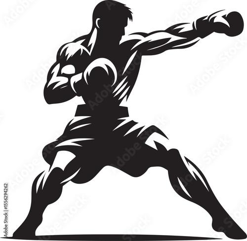  Stylized silhouette of a boxer delivering a powerful punch, encircled by dynamic lines, symbolizing energy, strength, and focus.