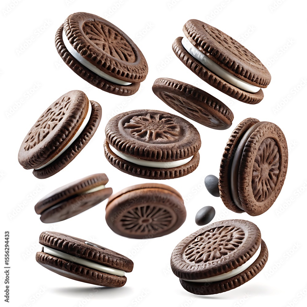 Oreo cookies flying in the air, isolated on a white background Oreo cookies flying in the air, isolated on a white background