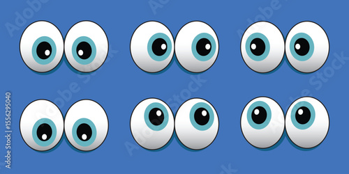 Set of cartoon, comical eyes. Cute character with round eyes and eyelashes. 