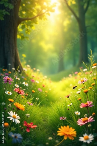 Sunlit Summer Meadow Vibrant Wildflowers and Buzzing Insects in a Tranquil Rural Landscape