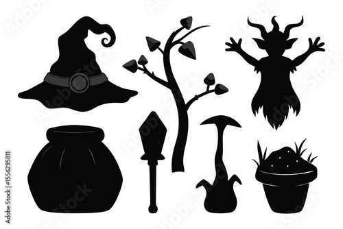 Halloween witch silhouette illustration with hat and cat in stylish black design