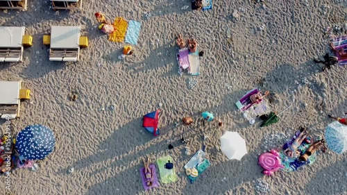 aerial view of the beach with bathers in the water, Adriatic see, Montenegro beach Buljarice