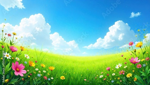 Lush green meadow teeming with wildflowers and grasses under a vibrant blue sky Perfect for nature, botany, and environmental themes A stunning display of biodiversity , rural, ecology