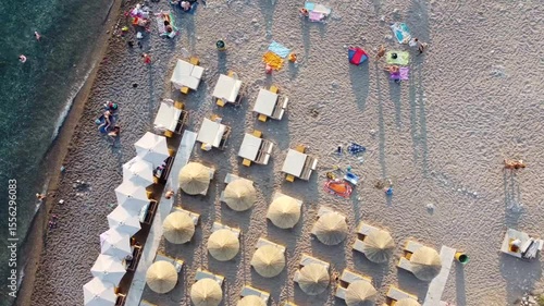 aerial view of the beach with bathers in the water, Adriatic see, Montenegro beach Buljarice