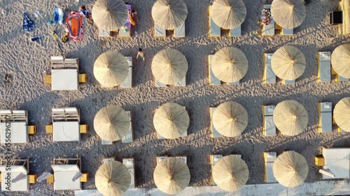 aerial view of the beach with bathers in the water, Adriatic see, Montenegro beach Buljarice
