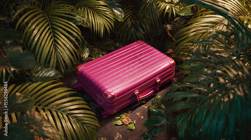 A pink suitcase sits amidst lush green tropical foliage in a jungle setting with dark lighting