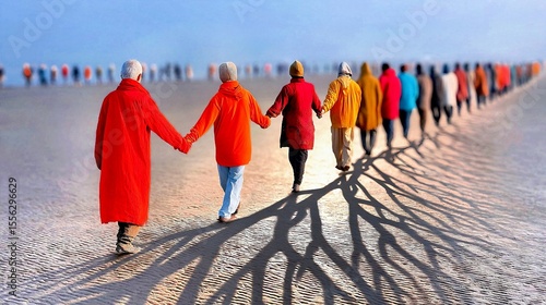 Group of People Holding Hands and Walking on the Beach at Sunset