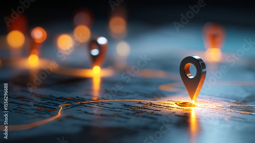 Close up of location pins on a map with glowing lines and blurred background with bokeh lights